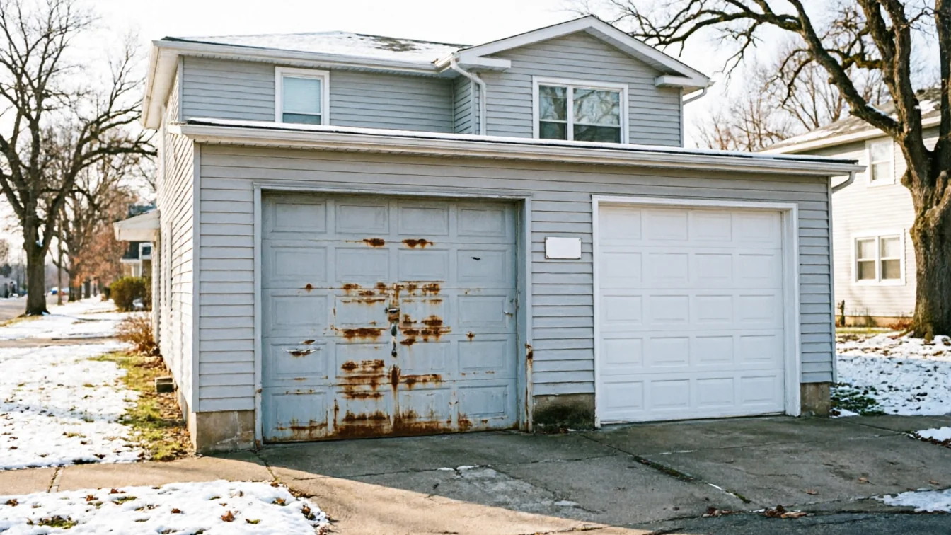 A house has two garage doors, one rusty and one white.