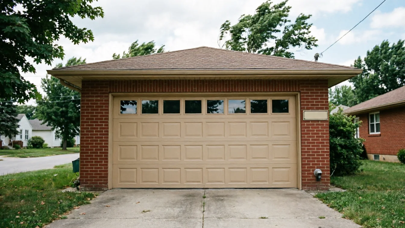 A tan garage door with windows is set in a red brick garage.
