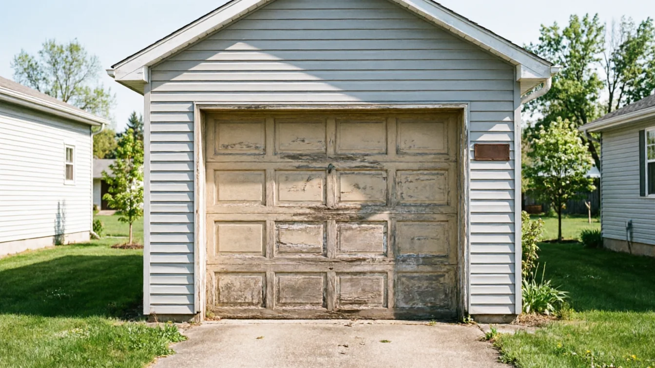 A weathered garage door with peeling paint on a detached garage.
