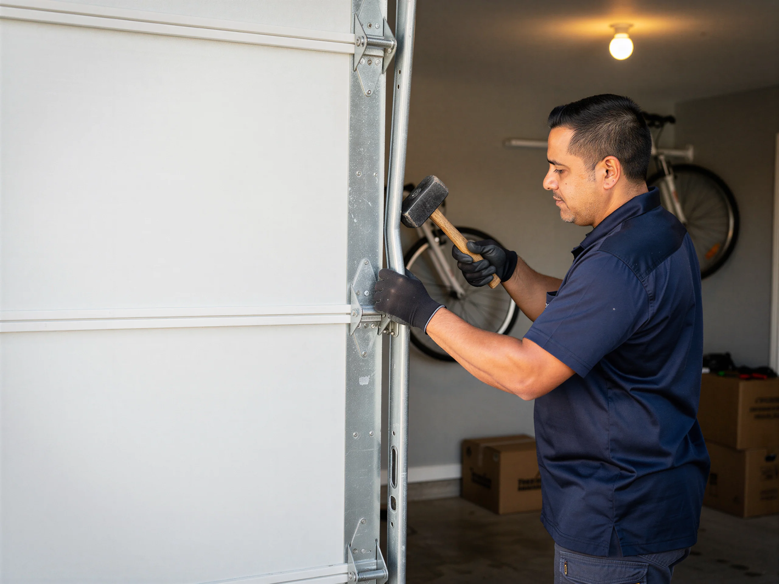 A technician in black gloves uses a hammer on a white garage door track.