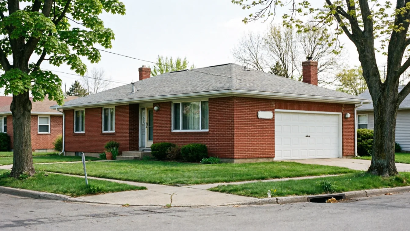 A red brick house with a white garage door and a gray roof.