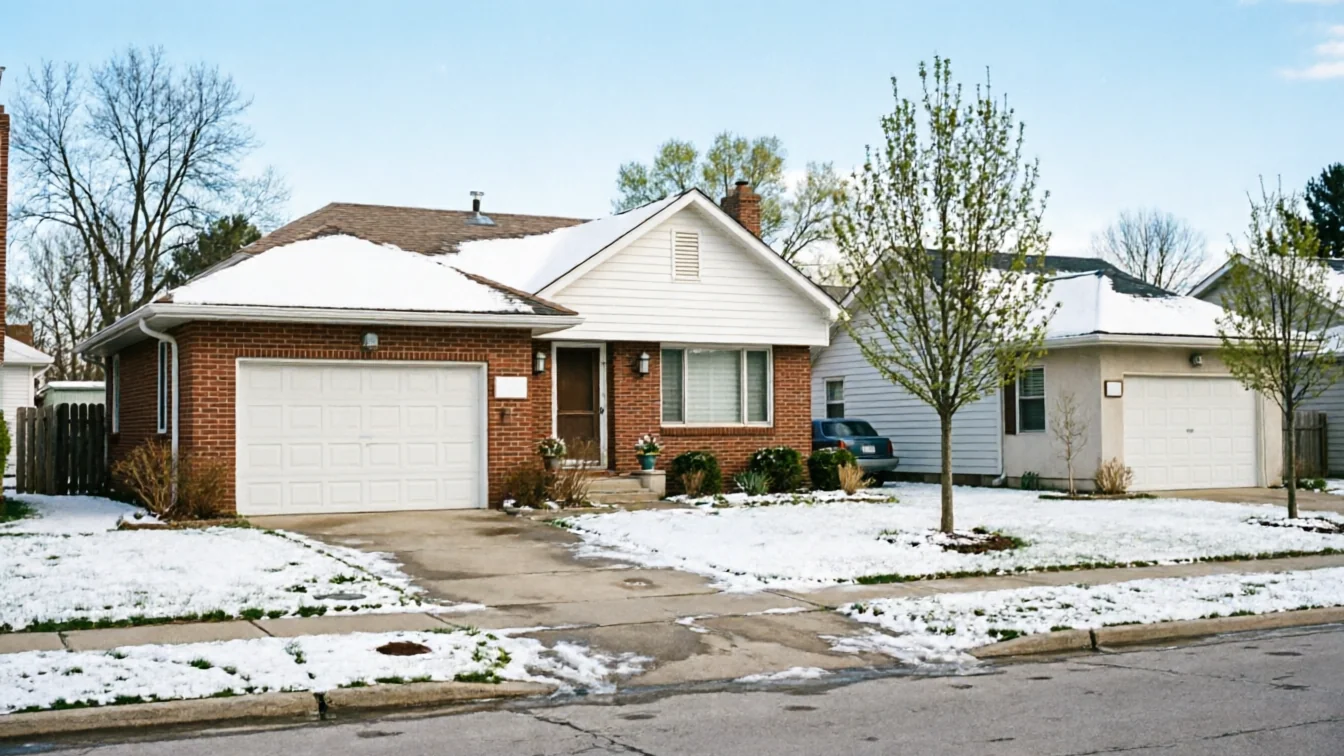 A brick house with a white garage door and snow on the roof and lawn.